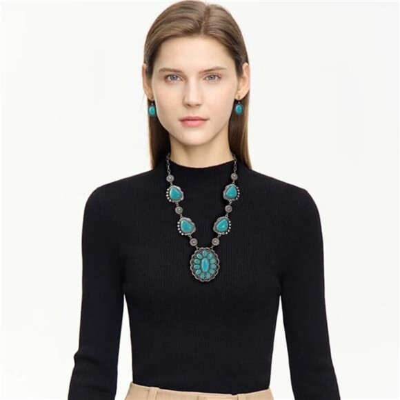 Exaggerated Turquoise Jewelery Set for Women Dangle Earring Pendant Choker - Picture 2 of 7